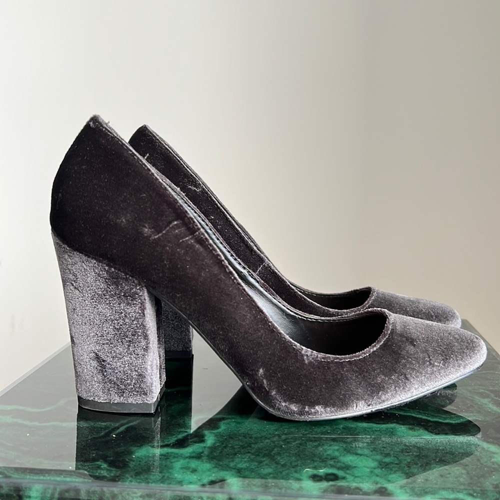Grey Velvet Block Heels